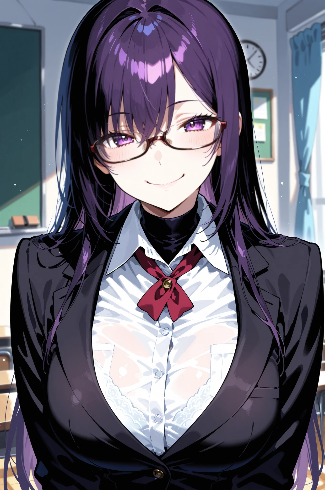 masterpiece, highest quality, Suzune, Purple Hair, Red glasses, Red eyes, White shirt, Cleavage, Lace trim, Pencil Skirt, Garter Straps, Black knee socks, Upper Body, ???????????, View Viewer, classroom, From above, Shiny skin, Leaning forward, boredom, smile