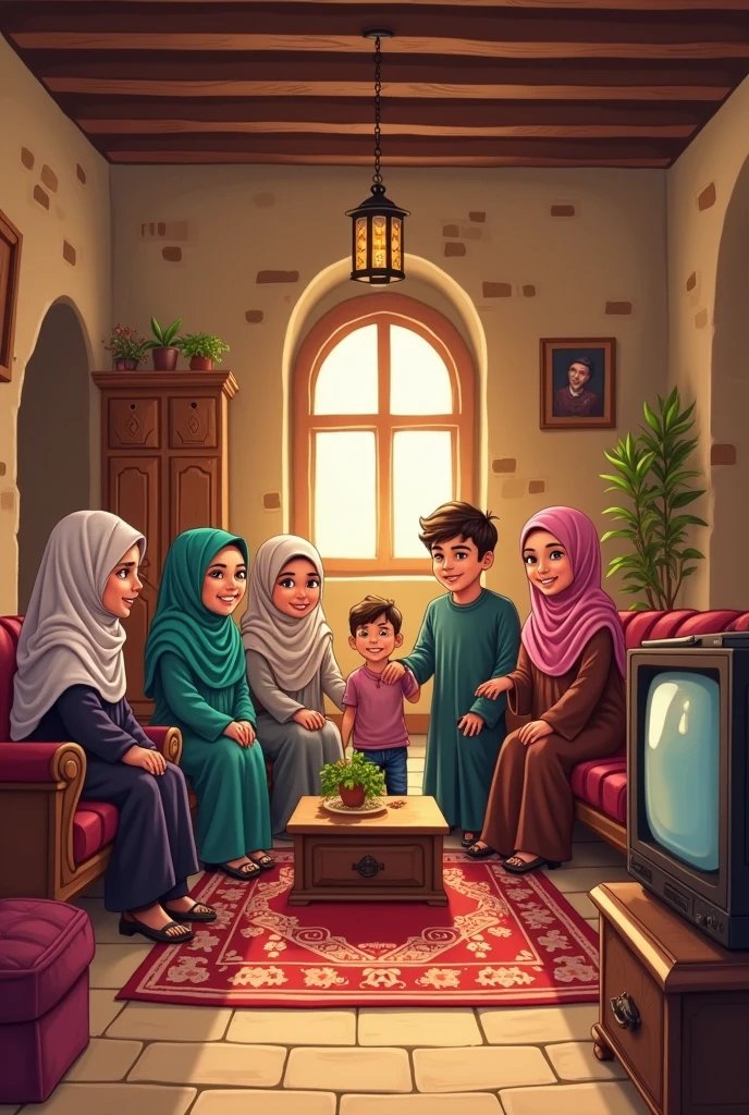 ((3 males sitting)) and ((3 hijabbed females sitting)), caricaturized, cute face, just concentrate, casual fashion, fantasy art, happy expression, extreme detail, masterpiece, cinematic lighting, 4k, indoor background