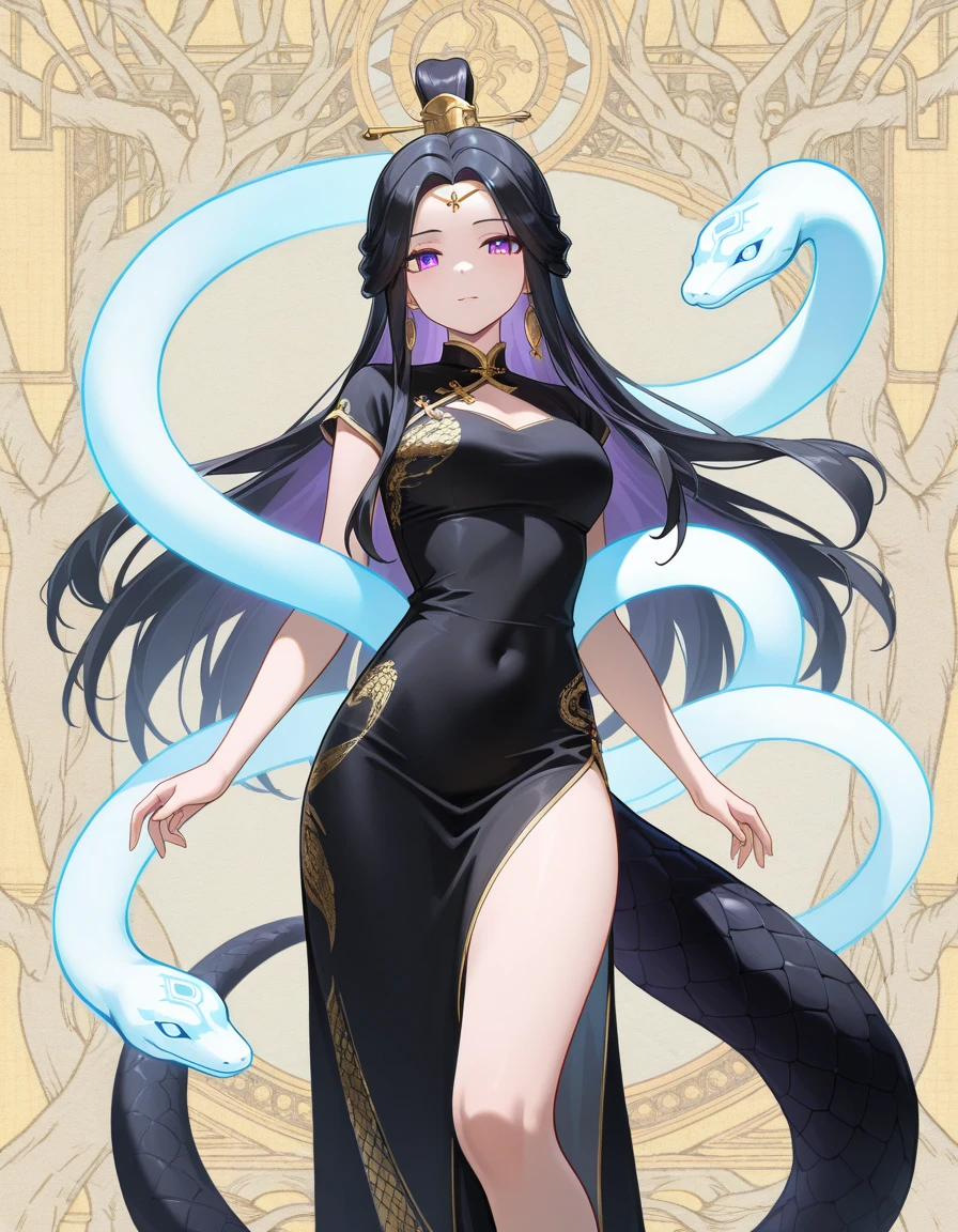masterpiece, best quality, 1girl,solo, black hair, closed eyes,  lamia,purple tail, coiled,seductive smile, standing,collar,long tongue, open mouth,   <lora:Lamia:0.8>