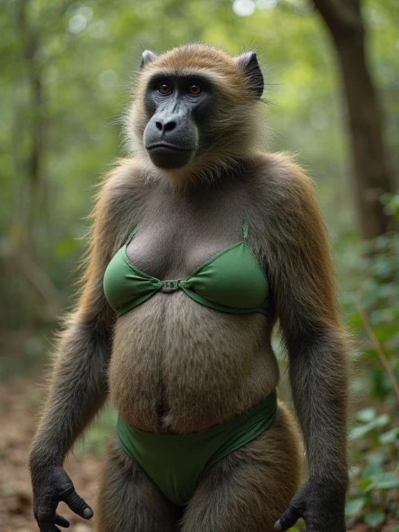 ((female orangutan)), ((mega breasts)),((wearing green bikini)) //full body, (breast squeeze:1.3), (chubby:1.2), Photo realistic, High resolution, detailed background, detailed beautiful skin, detailed nose, (solo shot:1.23), (((nice hand, perfect hand))), clear eyes,//in the jungle,