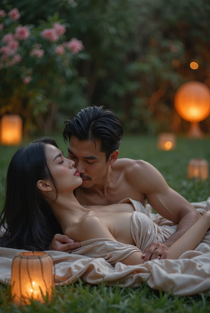The man in his 55s with black very short hair and smooth face with moustache. The woman in her 55s with brown long wavy hair. In the outside garden with yellow lilies. Night, dark, dim. The man is wearing unbuttoned black shirt. The woman is wearing green dress. The woman is sitting the iron table. Missionary sex. The woman is moaning. Orgasm. Passion. Erotic. Ultra realistic.