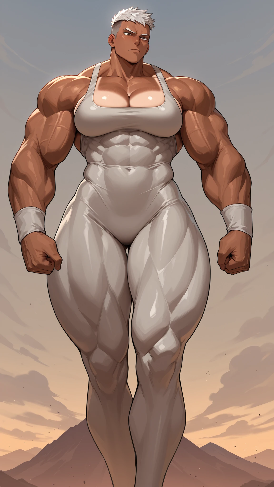 ((Masterpiece)), ((Best Quality)), Elaborate CG artwork, (best qualtiy, exquisite detailing, absolute masterpiece), (Head to Toe Image)), ((Full body image)),(dynamicposes),(plus size model)),((White swimwear)), (((dark skin))), (Beautiful mahogany black skin in dynamic pose) One woman in white swimsuit and high heels),(((Light silver hair))), Detailed beautiful mature face, (sadistic seductive smile), (glittery skin), (wet oily skin), Fingernail Art, Jewelry, Bracelet, hoop earrings, ((long legs)), ((((Muscular Legs)))), (((Massive Female Bodybuilder)))