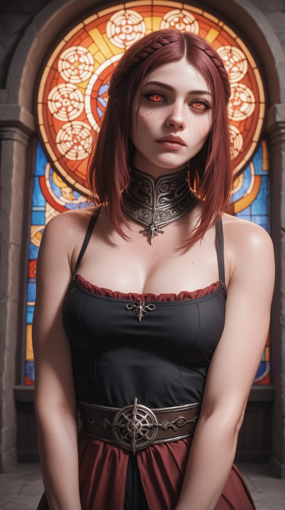 (photo of citizen:1.3) 1 girl, Alone, small breasts, looking at the viewer, SMILE, hair ornament, neckline, dress, bare shoulders, jewelry, clavicle, Upper part of the body, Red hair, flower, teeth, Focus only, hair flower, collar, blurred, strapless, tattoo, depth of field, blurred background, (realist:1.3) crew, (in a medieval tavern:1.1), 8k, cinematographic, Fancy