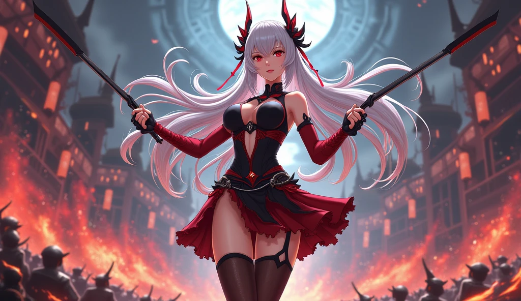1 vampire Girl. Beautiful vampire girl. super beautiful body. red dress. red high heels. red shine. crown. ((vampire Wings)). sexy. (((standing on the cloud ))). Vampire horns. red eyes. powerful cool. Plump breasts. holding the gun of the law. Holding the sword of the law