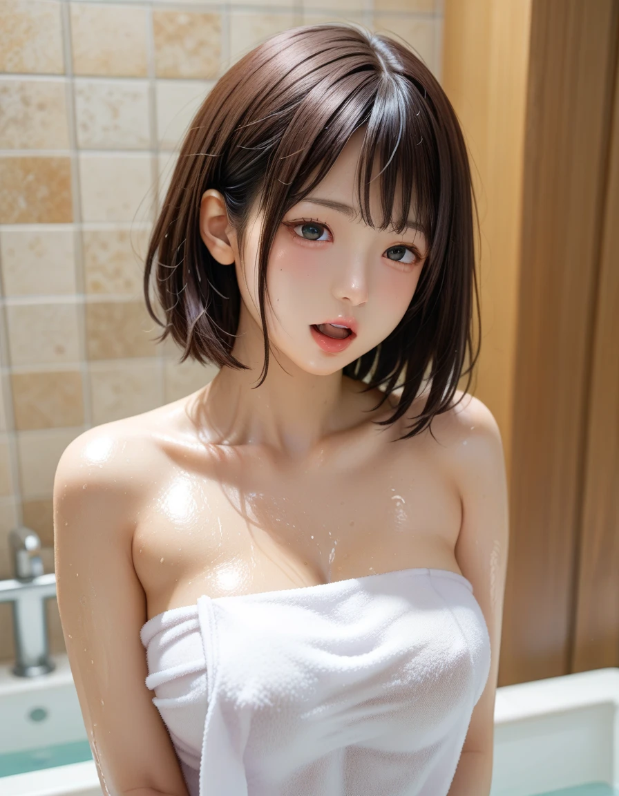 Highest quality digital image, masterpiece, haruno sakura, young age, (((9yo))), ((adorable ???:1.2)), ((cute child:1.2)), ((juvenile)), ((petites child:1.2)), bathing in an onshen, Japanese sauna, hot water steam and smoke, loose towel, exposing her perfect body, curvaceous, small round breasts, puffier pinky nipples, toned abs, shaved v-shaped vagina, firm thighs, big hips, sexy full lips, glossy lips, alluring smile, shy, blushy, innocent, (((barely naked))), hdr, absurdres, intricate details, dim light, sensual ambient, erotic mood, full-body shot, lifelike, hyper realistic, skin pores, soft shadow and highlight, expensive eyes, pink silky hair