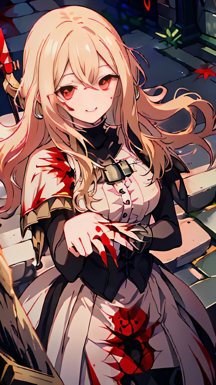 (absurdres,highres,ultra detailed,extremely detailed CG unity 8k wallpaper:1.3),
(((blood stained wall and floor,blood puddle))),
(((desolate alley,stone construction,ruins))), outdoors, (((broken room,cracks,Be scarred by the bullet holes,bullet-pocked))), abandoned hospital,
(detailed hair:1.3), cinematic lighting, clothes reflecting light, girl, solo, BREAK
(torn clothes:1.4), (torn dress,torn skirt:1.3), (torn:1.3),
(((lace panties,white panties,lace-trimmed,frills))), wearing panties, BREAK
(sitting on the floor,leaning back:1.4), (against the wall,broken wall:1.3), (arms at sides:1.3), ((slouching,spread legs)), (after rape:1.3), BREAK
(ryona,injury,grotesque:1.3), (blood on face,blood on body,blood on clothes:1.3),
(bleeding from head,face dripping blood:1.4), A lot of blood is overflowing from her clothes, ((dying,corpse)), (blood:1.3), BREAK
(Alfin Reise Arnor,blonde hair,very long hair,forehead,parted bangs,sidelocks,wing hair ornament,:1.3), BREAK
(Alfin Reise Arnor,frills,purple striped ribbon,white frilled sleeves,white bowtie:1.3), red dress, broach, over skirt, BREAK
(wearing red footwear:1.3), high heels,
