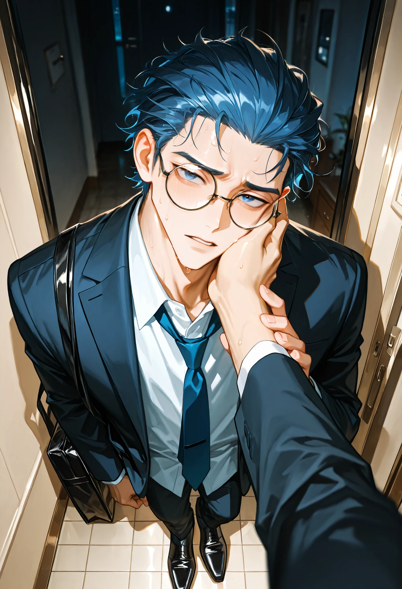 masterpiece, best quality, ultra-detailed, very aesthetic, high resolution, absurdres, newest, pov, 1guy, handsome, male forces, face forces, returning home moment, (short blue hair:1.1), (messy hair:1.1), (round glasses:1.1), (slicked back hairstyle:1.1), head tilt , furrowed brow, parted lips, breathing,business suit, business bag, loose necktie, loosen own tie , covering own tie by hand , leather shoes, untucked shirt, looking at viewer, little sweat, standing in the entrance, door behind, tile floor, apartment interior, night, dim night lighting, shoe cabinet, scattered shoes near the entrance, returning home moment, casual atmosphere, guided hand on cheek, hand grab, hand on another's cheek, hand on another's face, looking at viewer, pov hands, depth of field, volumetric lighting, cinematic lighting, dramatic shadows,