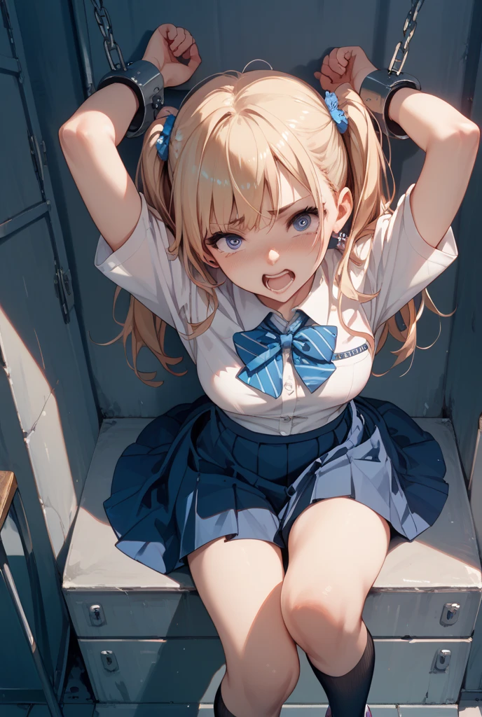 1 girl, strapped to a chair, (bondage chair:1.5), (open legs:1.5), spread arms, arms to the sides, (inside basement, underground, torture room), (ankles tied, wrists restrained, ankle cuffs, wrist cuffs), arms to the sides, (blushing:1.5), (crying:1.1), (teary eyes:1.1), (struggle:1.5), (blushing, worried, scared, teary eyes), ((tight clothes, short sleeves, sailor uniform, mini-skirt, shoeless)), perfect body, big thighs, perfect face, beautiful face, beautiful eyes, detailed eyes, focus on face, centered, from above