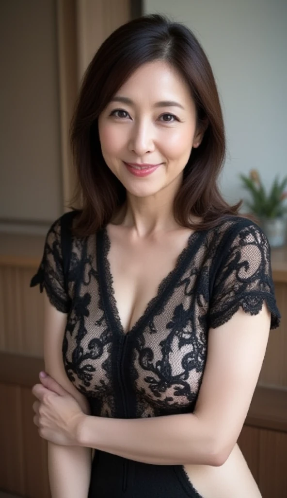 (masutepiece:1.4), High Definition,(High quality:1.4),(60-year-old woman:1.4),(Wrinkles on the face:1.4),Beautie,breasts,Smile,cowboy shot,Batik Dress