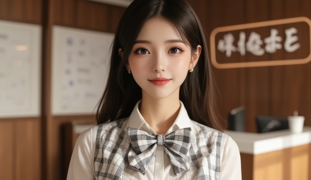 (RAW photo, Best quality), (Realistic, photo-realistic:1.2), a close up portrait photo, 1girll, shopping mall rooftop cafe, Outdoor, Smile, (highdetailskin:1.4), puffy eye，ornate hair，Air bangs，Brown and black hair，White opaque bow tie shirt，Pure red pleated skirt，gentlesoftlighting，high high quality，（（eye glass）），inside in room，In the study，at a dinner table