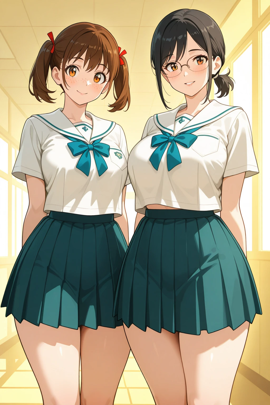 highest quality、High resolution、detailed background、cute teen girl、(two women:1.5)、brown hair、short hair、cute hairstyle、huge breasts:1.2、brightly colored sailor suit、navy pleated mini skirt、white overknee socks、Floral embroidered panties、floral embroidered bra、school zone、looks fun、Laugh playfully、smile、sexual expression、panty shot、camel toe