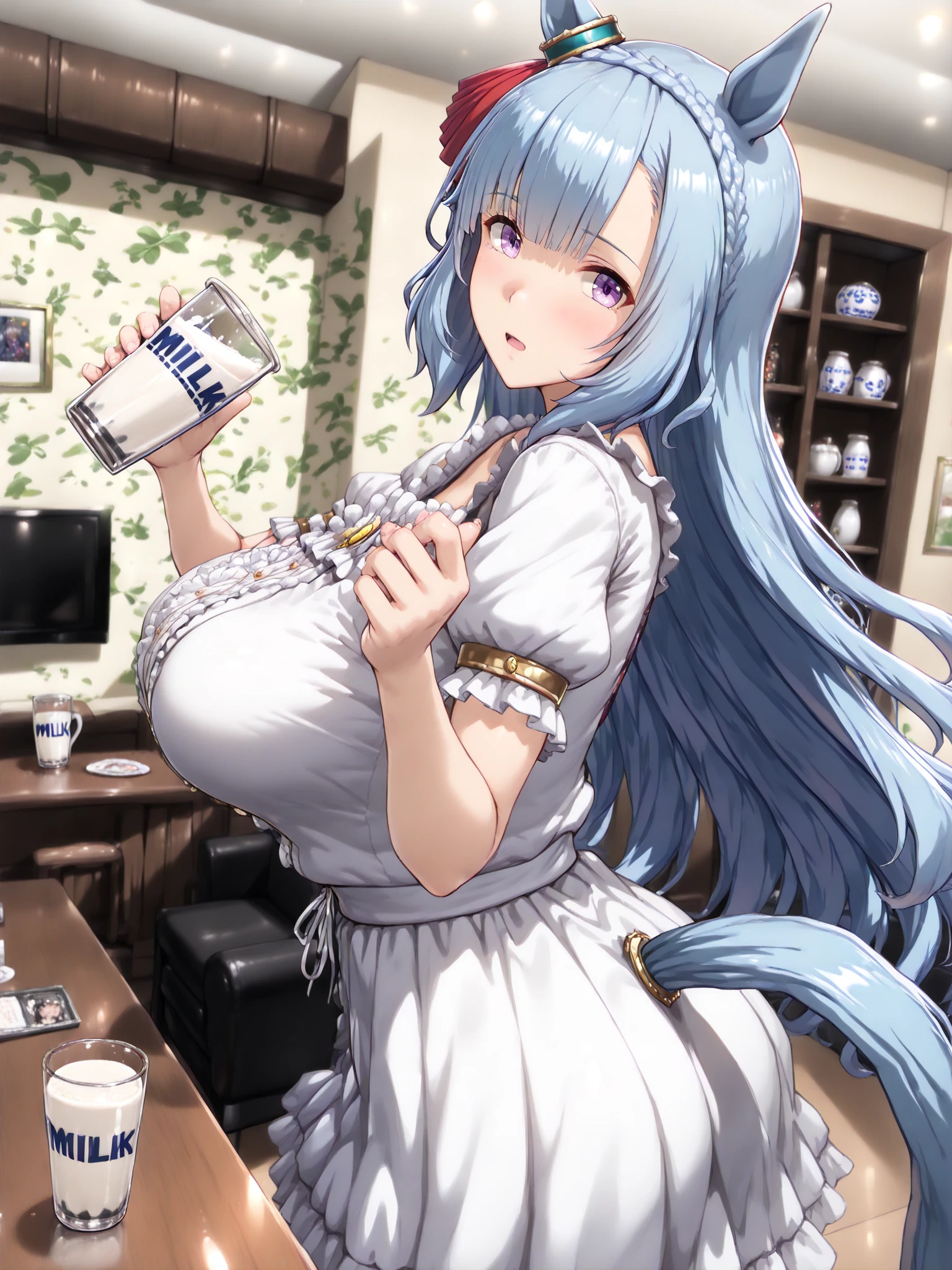 Mommy wolf huge sky blue hair with very big and huge breasts in a bra dressed as a waitress