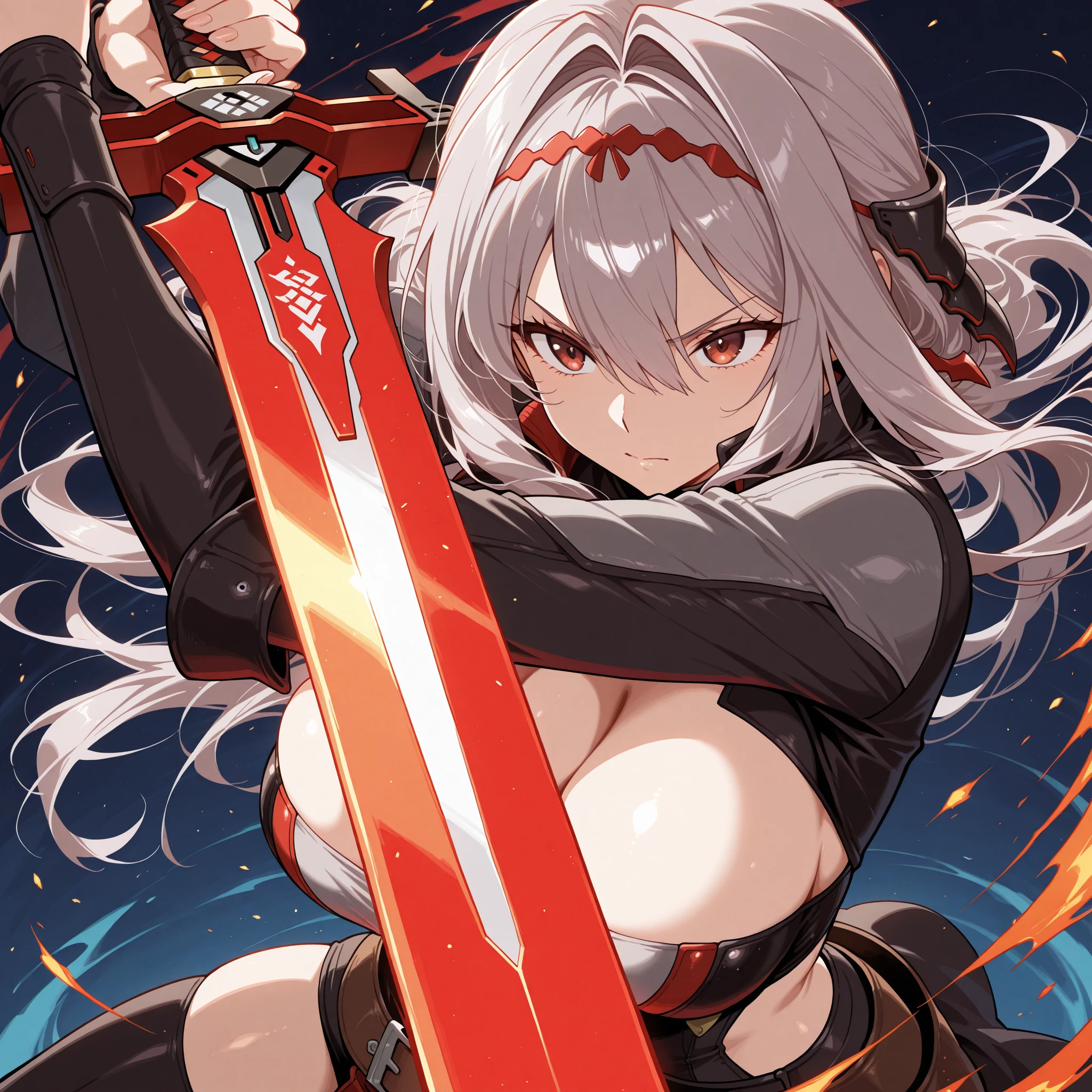 An adult woman half fox and wolf, wide breasts, red eyes, white hair, very angry, in a black little open dress, holding a sword