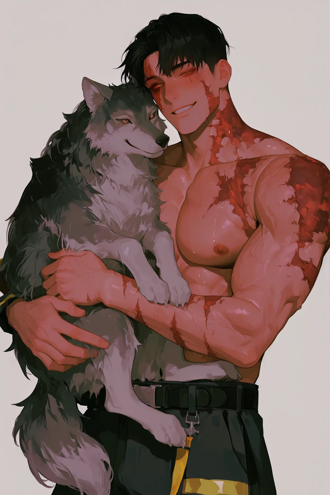 A man selling wolf , wearing a firefighter costume, toned muscles, black hair cut neatly, burn scar left eye,  gray wolf ears in hair, happy smile, hugging a cat .