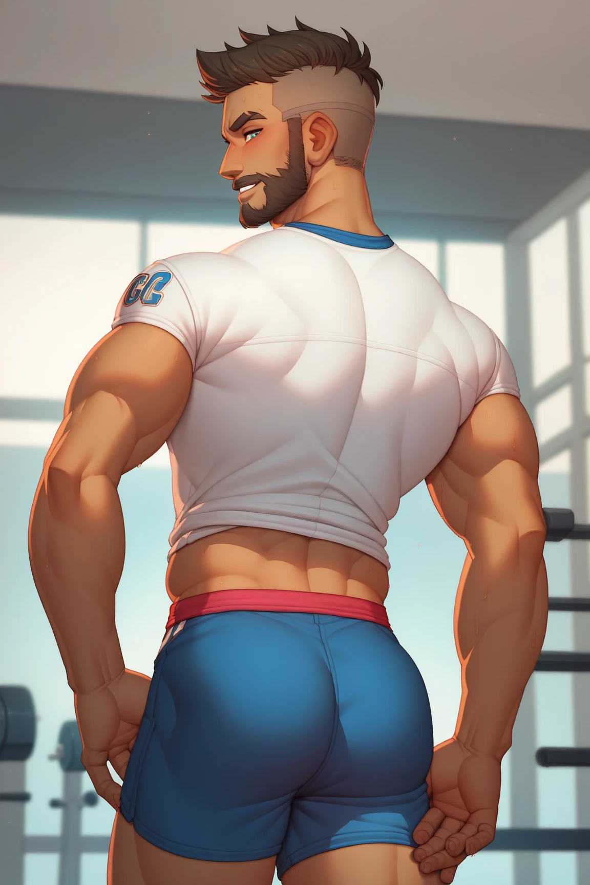 a handsome man, tv head, athletic body, wearing no shirt, in slightly transparent white boxer shorts, large volume, inside the room, full of technology, full of posters of handsome men on the wall, ultra detaild, 8k, best qualityer