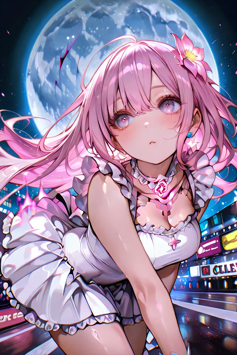1girl,solo,cowboy shot,standing,(pink hair:1.2), hair bun, double bun, twintails, hair ornament, blunt bangs,(orange eyes:1.2),yellow pupils,(beautiful fingers),masterpiece,best quality,(Ultra high definition eyes:1.2),8k,(Beautiful detailed eyes:1.2),(Fine and beautiful eyes:1.2),(pretty eyes:1.2),finely detail,extremely CG, absurdres,high resolution,illustration,Detailed and beautiful outlines,finely detail,high resolution,(colorful refraction:1.4,Increase saturation:1.2),beautiful lighting,dynamic lighting,closed room,black background,simple background, smile,looking at viewer,tao,dress, white dress, sleeveless dress