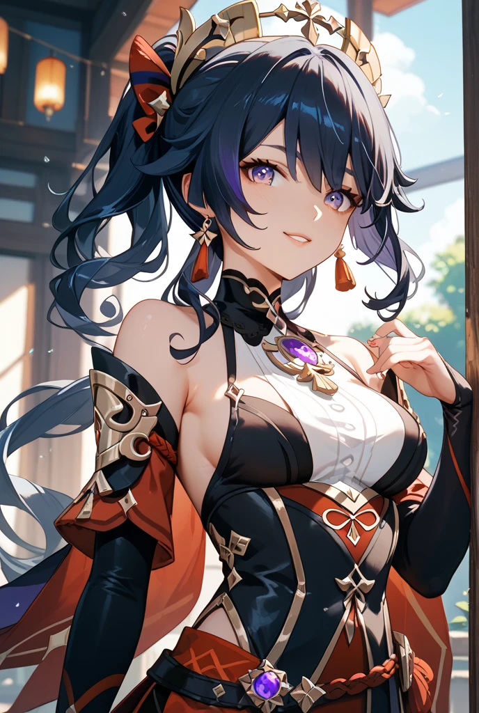 <lora:ruan_mei-10:0.9>,((extremely realistic shading, masterpiece, extremely detailed, photorealistic)),Black hair,bright blue eyes,pearl necklace,necklaces,blue Chinese clothing,blue gloves,blue high heels,