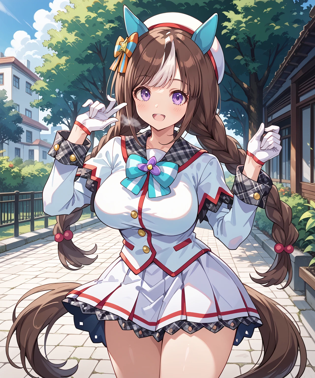 Daiwa Scarlet,Horse Girl,Brown Hair,Long twin tails,Slanted Eyes,Dazzling Smile,Big Breasts,Thin thighs,A blue and white dress