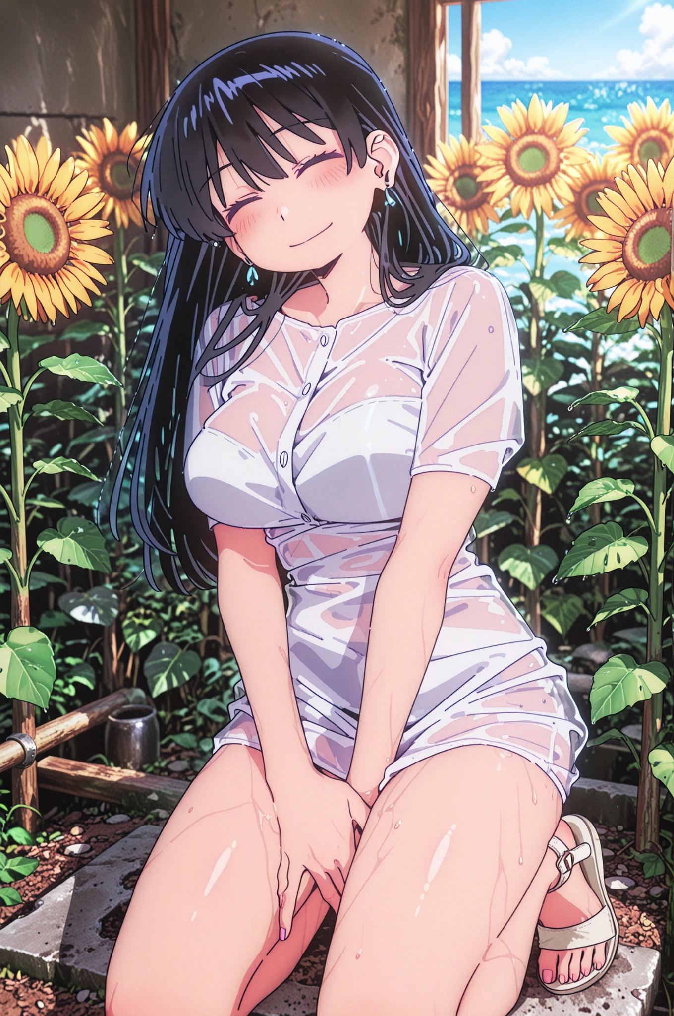 best quality,masterpiece,1girl,solo,(((NSFW))),(((9years old))),japanese girl,an extremely cute and beautiful girl,highly detailed beautiful face and eyes,petit,cute face,lovely face,baby face,shy smile,show teeth,black hair,medium long hair,Hairless pussy,flat chest,skinny,slender,(((wearing a wet transparent white mini lolita dress))),(((sitting in a flower garden))),she is looking at the viewer,hands lift up dress,(upskirt above the waist:1.1),(no panties:1.1),(legs spread wide:1.1),(no bra:1.1), takamichi style 