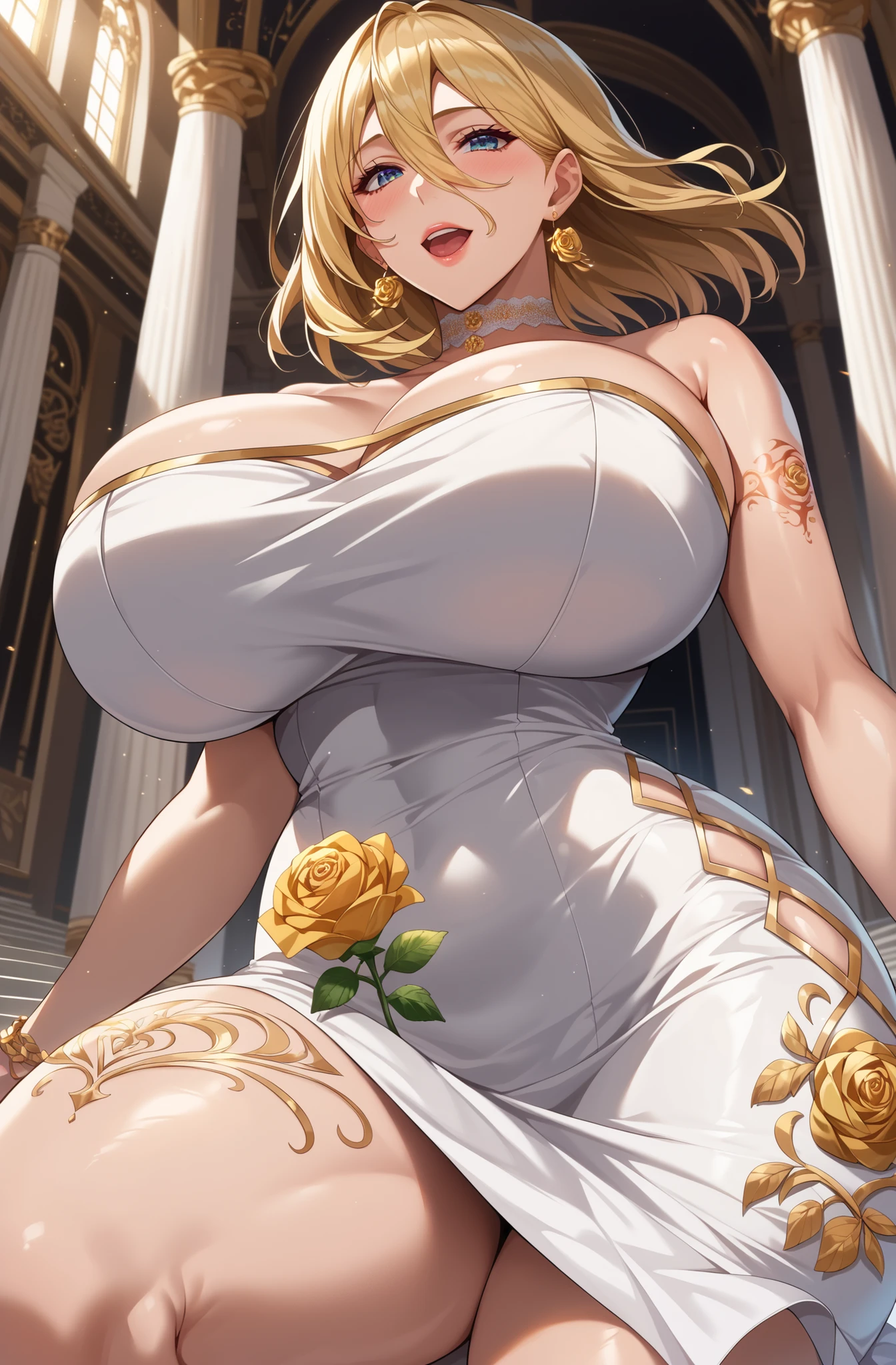 the greek goddess aphrotite，serious and sexy face，Has a face of supernatural beauty and short blonde curly hair decorated with flowers，As well as blue eyes。（Perfect anatomy） ， （perfect  eyes）Her figure is very sexy，gigantic cleavage breasts，Heavy breasts，Fitness buttocks，Fabric covers the breasts，，White silk dress，，She sits on a large throne of Greek marble，artwork of a。