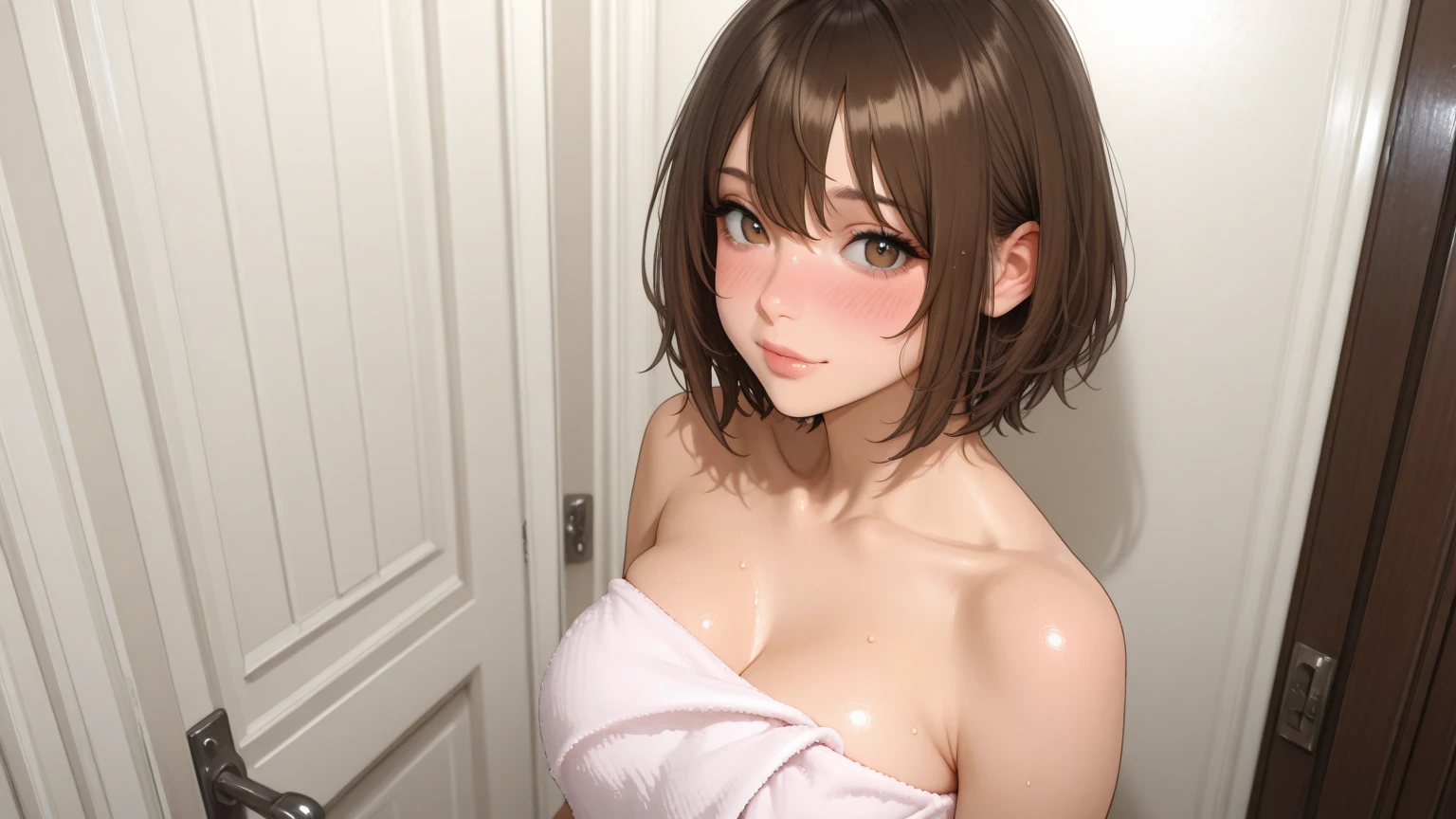 ((nsfw)),(Pantyless:1.2、pubic hair、topless)、1 girl、Inviting face、Big Breasts、Short Bob Hair、Brown Hair、shower room

