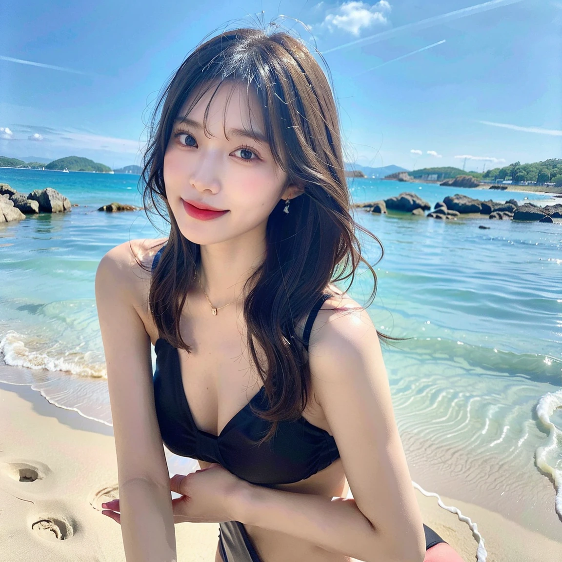 (8K, Raw photography,top-quality, hight resolution:1.1), (hyper realisitic:1.4),(realisitic, Photorealsitic:1.3), Soft light,Lifelike face,Realistic body,real looking skin,absurderes,​masterpiece,large full breasts,Colossal tits,Valley,Sweaty cleavage,disheveled hair,beautiful beach background,Black swimsuit with a small area,no-bra,Natural smile,Turning Beauty,s ass,Beautiful butt,gargantuan butt,all fours pose,Emphasis on the buttocks,