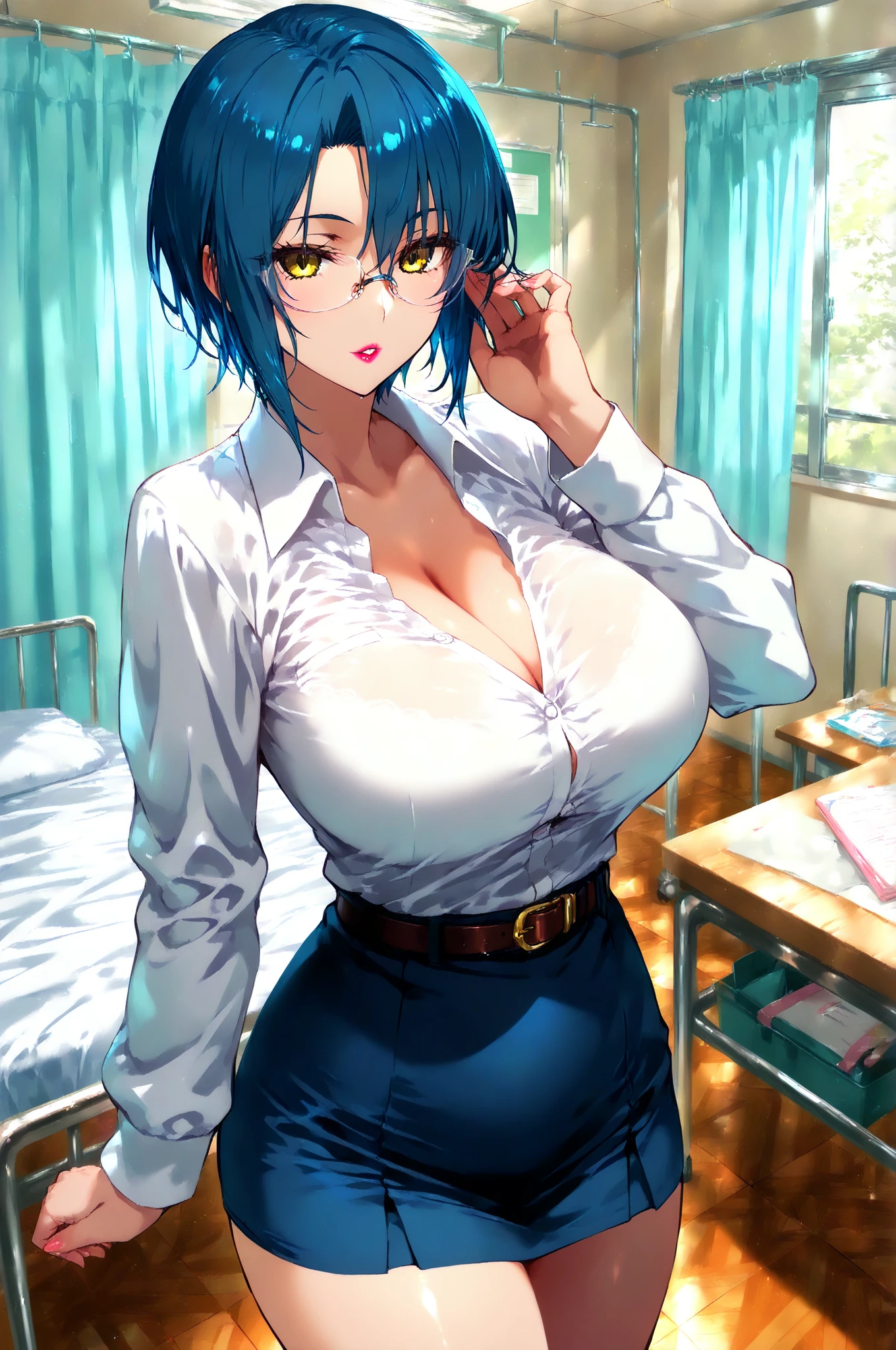 irrational solution, High resolution, (masterpiece:1.4), Very detailed, One Girl,Blue colored eyes, short hair,Nurse uniform, hospital,Sexy posture, The camera is close to the body