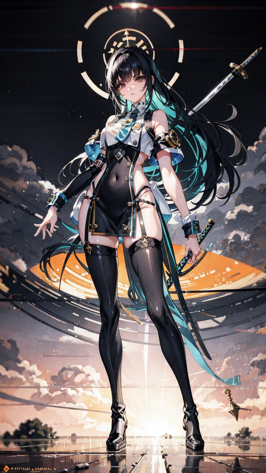 Anime girl sitting on the ground，Holding a sword in hand, From Arknights, Best anime 4k konachan wallpaper, 2. 5 D CGI anime fantasy artwork, A scene from the《azur lane》videogame, advanced digital anime art, azur lane style, pixiv 3dcg, beautiful fantasy anime, Digital art on Pixiv, Anime goddess