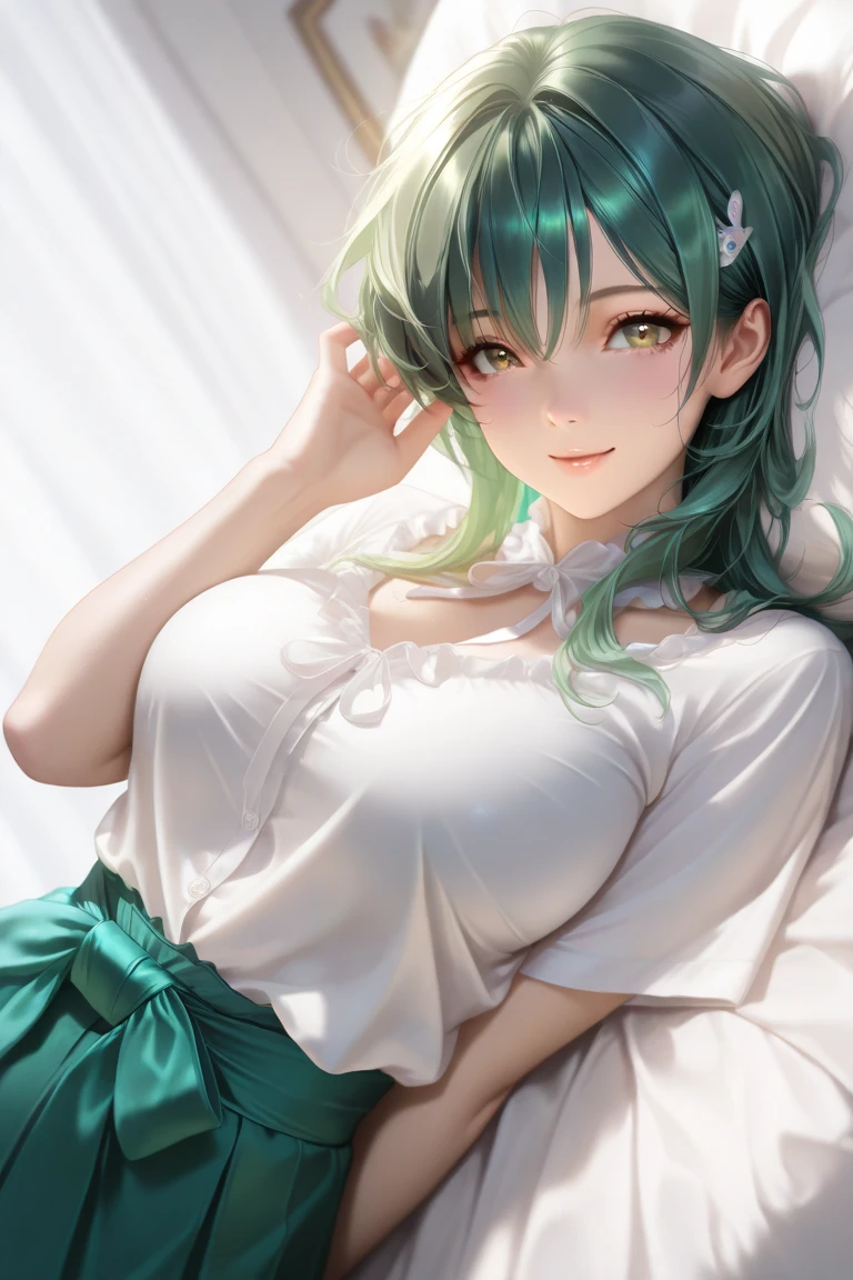 Girl with short green hair, chest is medium, green eyes, 、(tits),Full body photo from head to toe,、cloth、(clear face)(best quality, High resolution, Super detailed),, (vividness and color, The chest is clearly in focus),(soft chest:1.2、Underwear