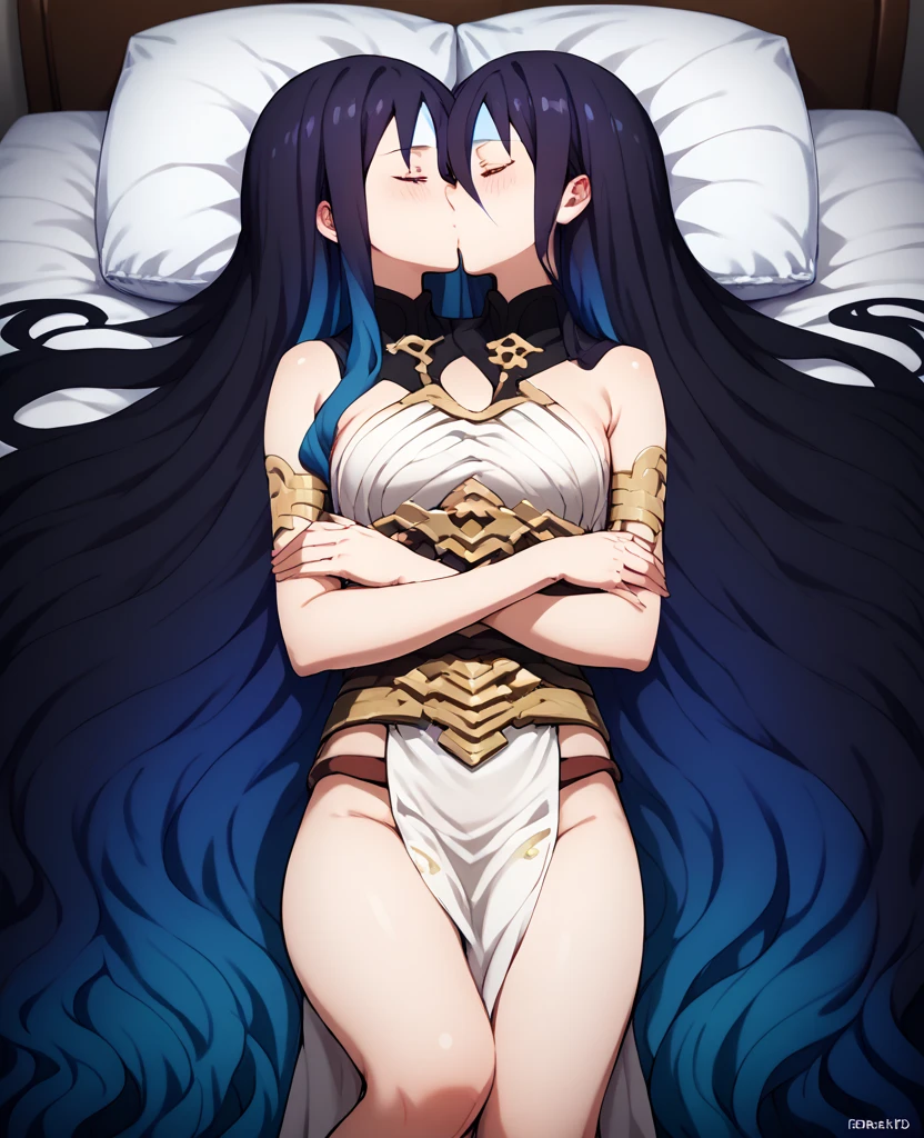 Highest quality, masterpiece, Ultra-high resolution, female、Big Breasts、魔族少female、purplish white skin、Long Hair、Characteristic costume、Lying on your back in bed、Raise your arms above your head、Torogao、Ikigao、Close your mouth、I felt dizzy.、Clothing