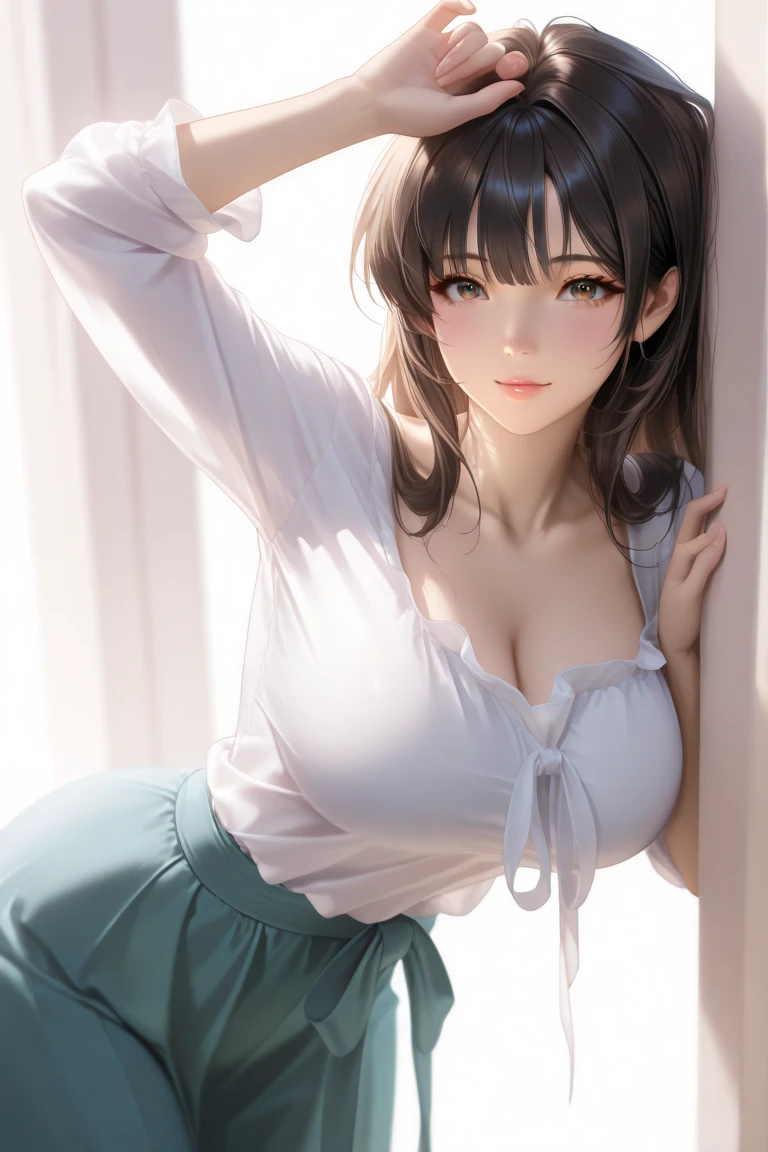 A Girl,PhotoRealistic,8k resolution,Pure and cute, with enchanting and charming temperament,Long reddish-brown hair,Blue eyes,Delicate little mouth,Beautiful face,Bumpy figure,G Cup,hip,,Pink off-the-shoulder miniskirt,expose navel