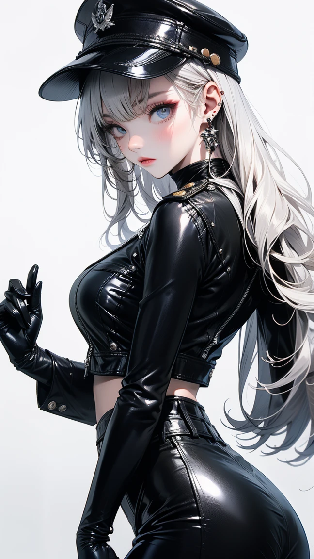 (Light line), masterpiece, best quality, 1 girl, solo focus, (upper body), big breasts, huge breasts, hair between the eyes, (white hair), long hair, Minar, (blue eyes) , (eyes extended) ), (black military uniform), (black spiked cap), (black coat), long coat, (simple black background), (blue aura), (flaming blue aura), (white eyelashes), (all white hairs)