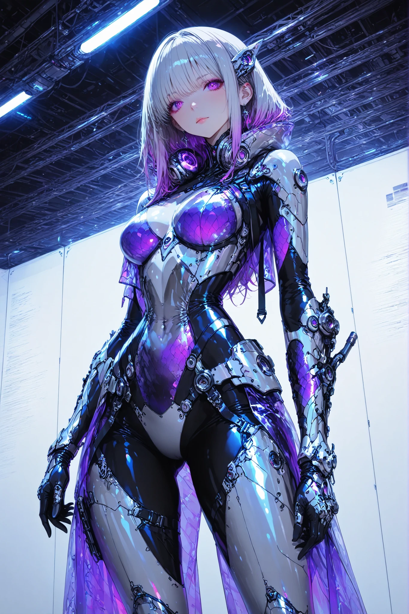 masterpiece, super high resolution, RAW pictures, Stylish Women, Silver Armored Bodysuit, Biomechanical Design, Fitted Armor Parts, Energy Lines Shining, Futuristic texture, Translucent Protective Panels, Inside a high-tech research facility, cool expression, Purple and Silver Color Scheme