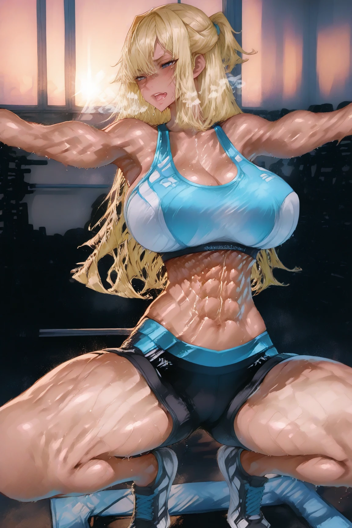 a muscular futanari with a big dick, six pack abs, ripped body, full body, naked, breasts, high detailed face, beautiful detailed eyes, beautiful detailed lips, extremely detailed face, longeyelashes, solo, lust, sarada uchiha, photorealistic, 8k, hyper detailed, intricate details, masterpiece, cinematic lighting, vibrant colors, dramatic shadows, fully naked, standing, armpit.