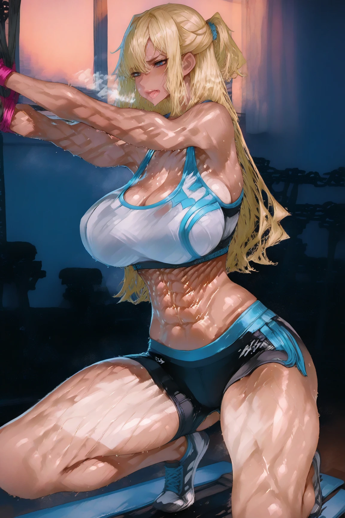 Muscular woman, muscles between muscles, giant arms, super muscular arms, big legs, muscular legs, small waist, ultra muscular abdomen, muscular shoulders, giant breasts, giant butt, Human, muscular face, female face,Female figure, beautiful , colors, shadow and light, bigger arms, seductive pose, perfect face, big lips, white skin, sapphire eyes, show butt, muscular buttocks, hyper muscular buttocks, blonde horse, ten-size abdomen,Masterpiece