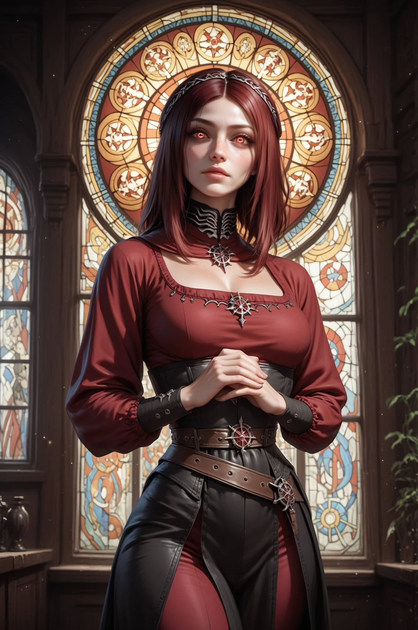 Freira, 8K, Muito bela, cabelo ondulado, cabelo ruivo, ruiva, olhos pretos totalmente preto, freira muito sexy, bunda grande, seios pequenos, alta, muito bonita, Ultra realistic traits in a church, gostosa, gotica, dark, gostosa, dominante, na igreja, Mao bonita super detalha, rosto muito bonito, olhos negros, Qualidade 8k, rosto detalhado