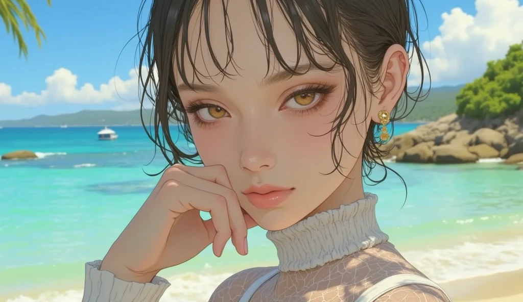 (最high quality、8k、32k、masterpiece、Hmph:1.2)、cute japanese women photos、Very short bob hair、whole body、Surface Focus、White Bikini、Seaside Background、Viewer search x4、(8k、RAW Photos、最high quality、masterpiece:1.2)、(Realistic、Realistic:1.37)、1 girl、cute、Professional Lighting、Photon Mapping、Physically Based Rendering、Gradient brunette hair、Short Curly Hair、good looking、Excellent image quality、High resolution、1080p、(Beautiful Face)、(Detailed  depiction)、(Detailed Hand Explanation)、(Masseter region)、(Detailed CG)、 Extreme light and shadow、Brown Hair, With bangs, (Layered Short Hair), (big: 1.5), Beautiful Eyes, Beautiful Eyes with Slits, double eyelid, (Cat face), (cute Face), cute Smile, (shut up.), (cute), Soft Skin, whole bodyを見せる, Surreal, Very detailed, high quality, (Beautiful college student with short hair playing in the sea), ((Detailed very cute college girl), ((big胸 It can be seen even through clotheasterpiece、Rich details、(exquisite features)、(Best image quality)、(masterpiece)、(fine grain)、Delicate clavicle、Mr.々A pose、Don'Don'Staring at your boyfriend、profile、Shot on the coast、White Bikini