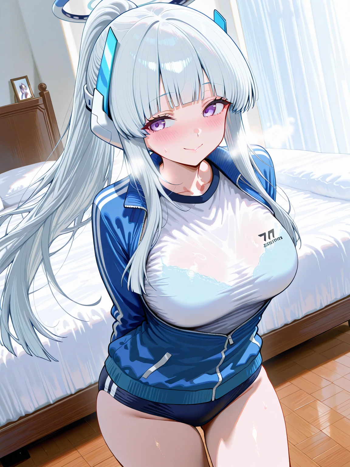 1Women from people、1people、Upper Body、highest quality, 32k, Delicate texture, Beautiful Blue Eyes, 23 years old, Condescending eyes ,Compression shirt soaked with sweat, Big Breasts, Black shorts, blush, Drooling,body fluid,indoor,workplace, night,Gray Hair、Long hair straight,Angle from below、Embarrassed face,