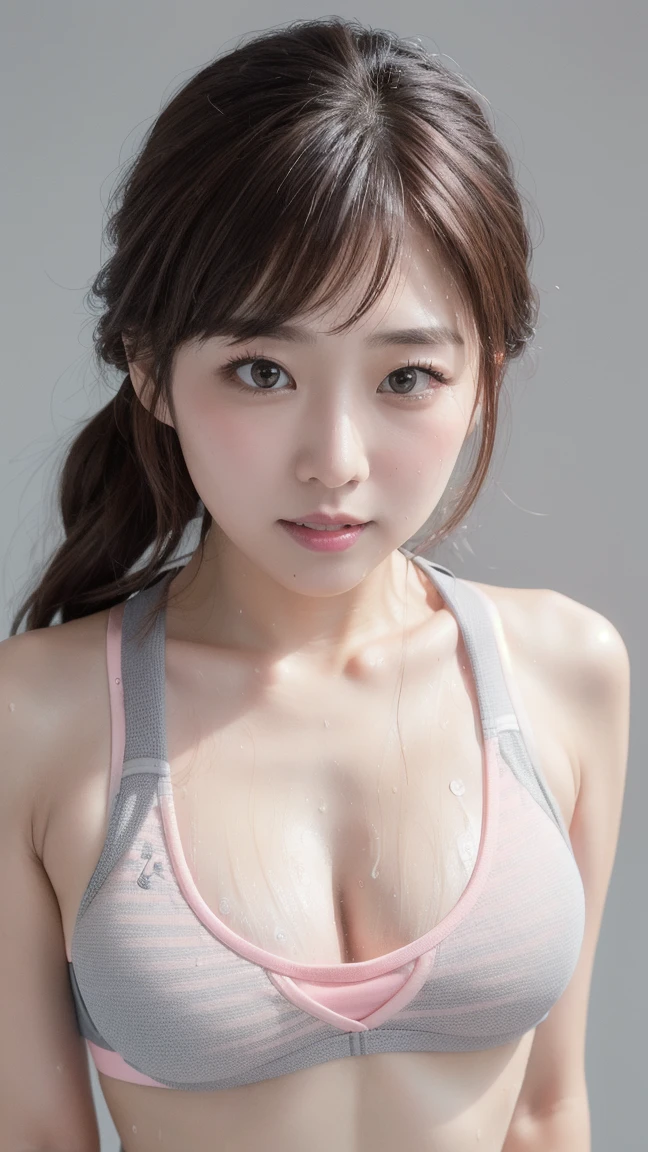 Highest quality masterpiece 8K Ultra-detailed Face Japanese Beauty、Brown Hair、Grey sports bra、Big Breasts