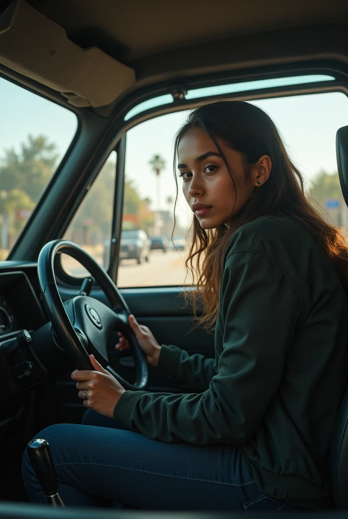 The same 20 year old Mexican woman, by coffee, con ropa de invierno en su casa, calidad baja, ultra realista, pocos granos en la cara , taking selfies inside his car