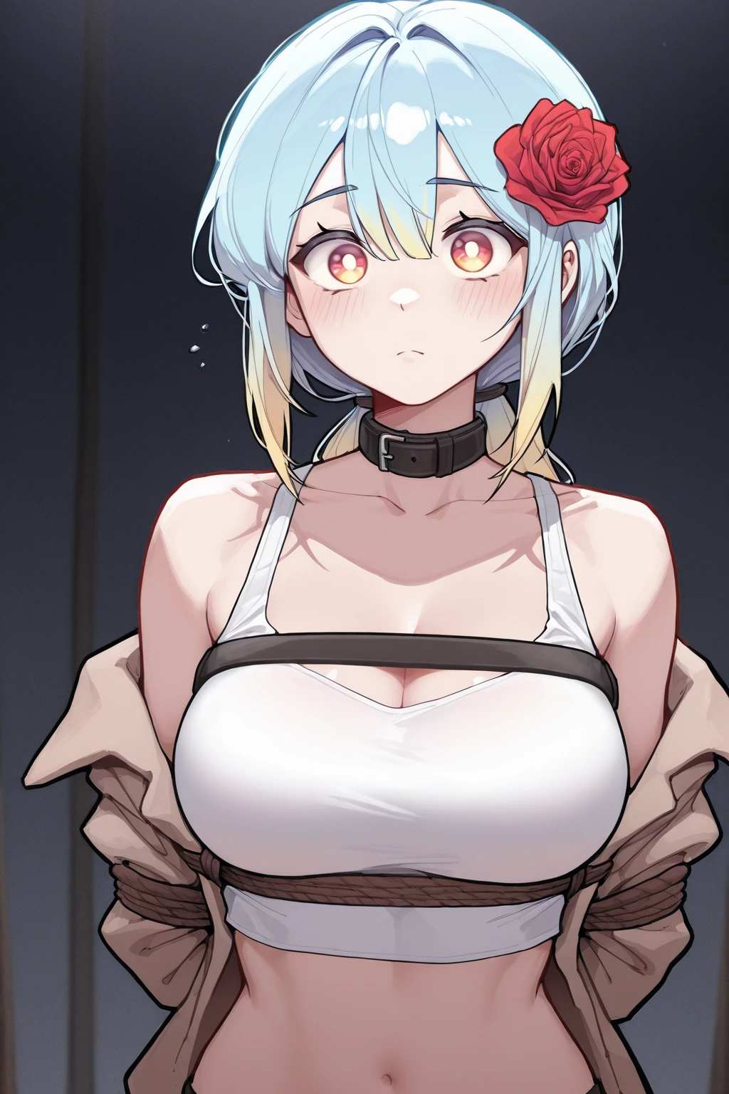 score_9, score_8_up, source_anime, 1girl, solo,(masterpiece, best quality, detailed), 1girl, solo, looking at viewer, green hair, ponytail, glasses, brown eyes, scientist, labcoat,.(bound wirsts), (arms behind back), (tapegag, tape gag), dramatic, (looking at viewer), (detailed pupils:1.3), ,red rope, thick rope,normal breast,full body