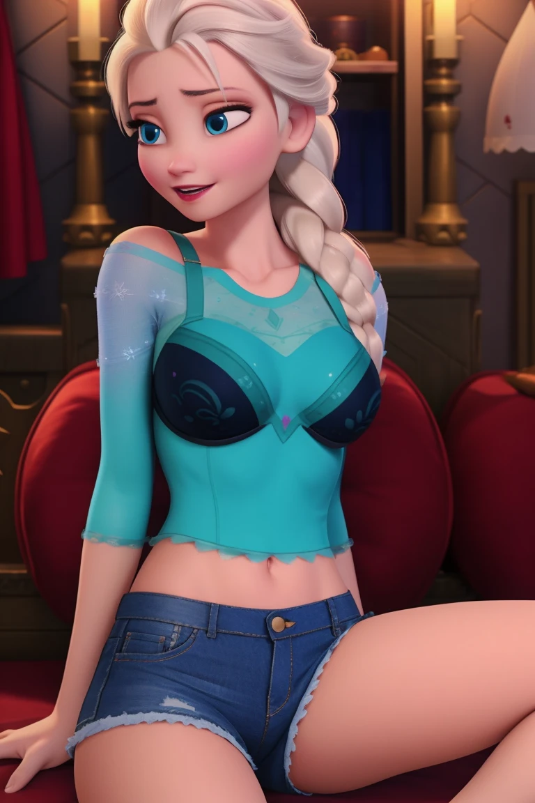a girl, Queen of Elsa, frozen, Long blond hair,braid,Blue Eyes,Black eyeliner,Black eyeshadow,Painful expression,helpless,Tears,Lying on the table,huge breasts, huge breasts,sexy fitness body, Off-shoulder,Waist,Exposing belly,sexy bra, sexy thong, ,snowstorm,Snow Castle