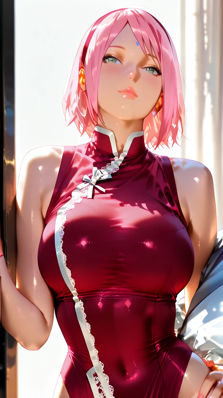 masterpiece, absurdres, sakura\(boruto\), 1girl, solo,mature female, spaghetti strap top, high waist short skirt, looking at viewelling petals), perfect composition, detailed lips, big breast, beautiful face, body propotion, blush, (pink lips), long hair,  green eyes,  soft gaze,  super realistic, detailed, photoshoot, realistic face and body,