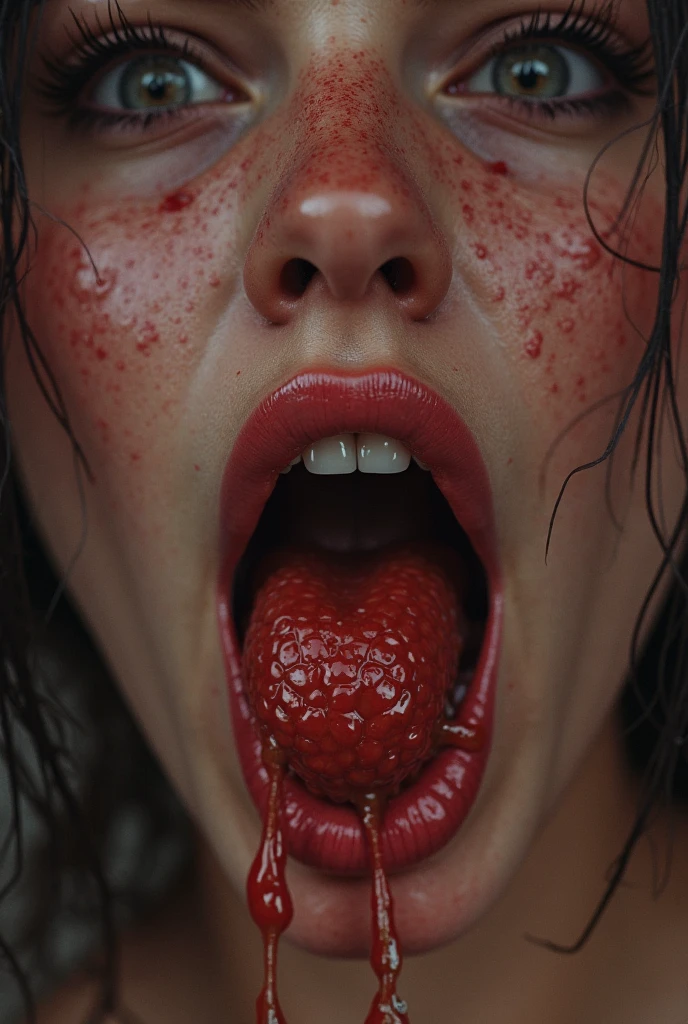 ((masterpiece))), (((best quality))), ((super detailed)), (highly detailed computer illustration), ((extremely delicate and beautiful)), Dynamic Angle, Perspective, High Point,pov(from below:1.4), obscene large smile, drooling 
color paintAn obscure face,sideways glance, (cold attitude,eyeshadow,eyeliner:1.1),(red lips:1.5),watery eyes, makeup smeared,
jewelryearringsarm tattoofull-body tattoo, neck tattoo(long legs:1.3)big breasts,
((((dramatic))), (((gritty))), (((intense)))A shot with tensionVisual impact,giving the poster a dynamic and visually striking appearance, viscerally obsurd, malevolence, nightmarish dreams converge,
Hyperdetailed,  imaginatively exagerated, gothic macbre masterworks of obsurd surrealism. Ominous tone, dreamlike hell trip 
