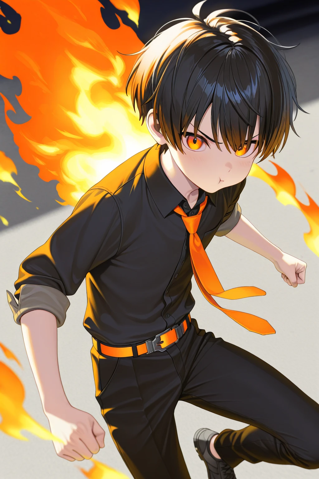boy a black red shadow in anime style with red eyes with flames behind, --auto