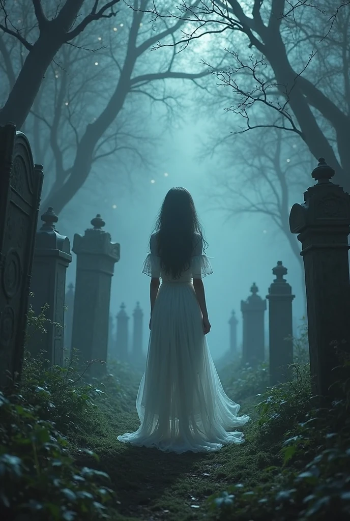 In the heart of a twisted, overgrown garden, a pale figure in a tattered gown moves silently through the shadows. The flowers around her bloom with unnatural beauty, their petals whispering dark secrets as she passes. Vines snake around crumbling statues, and the moonlight casts eerie patterns on the path she treads, leading deeper into the haunted night.