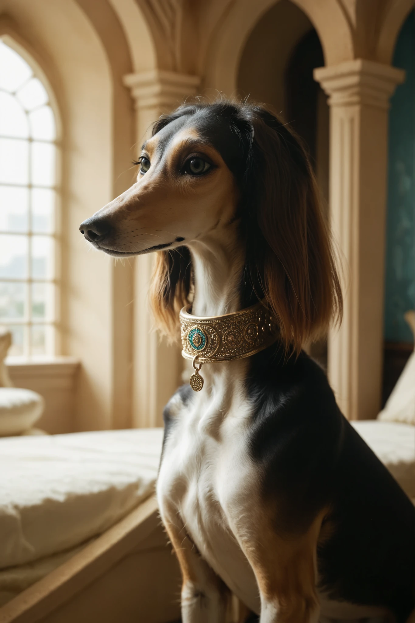 an (saluki dog) standing in a richly lavish room wearing a wide embroidered collar. Set in an Arabian throne room with bay windows. rim light, saluki, sighthound, black fur
