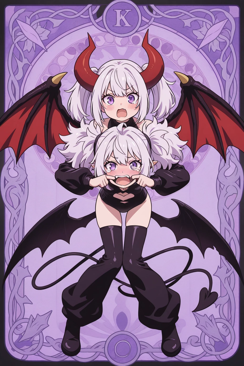 8K,  1girl, petit, adult. kawaii vampire, crimson hair, short hair, red eyes, fang, bat wings, smile, (blush), (shy), pointed ears, looking at viewer,  dynamic angle, wind, game cg, fantastic scenery, demon tail, thin tail, black horns, medium breast, show full body, tentacles, naked, horny, tentacles between leg, sex with tentacle 