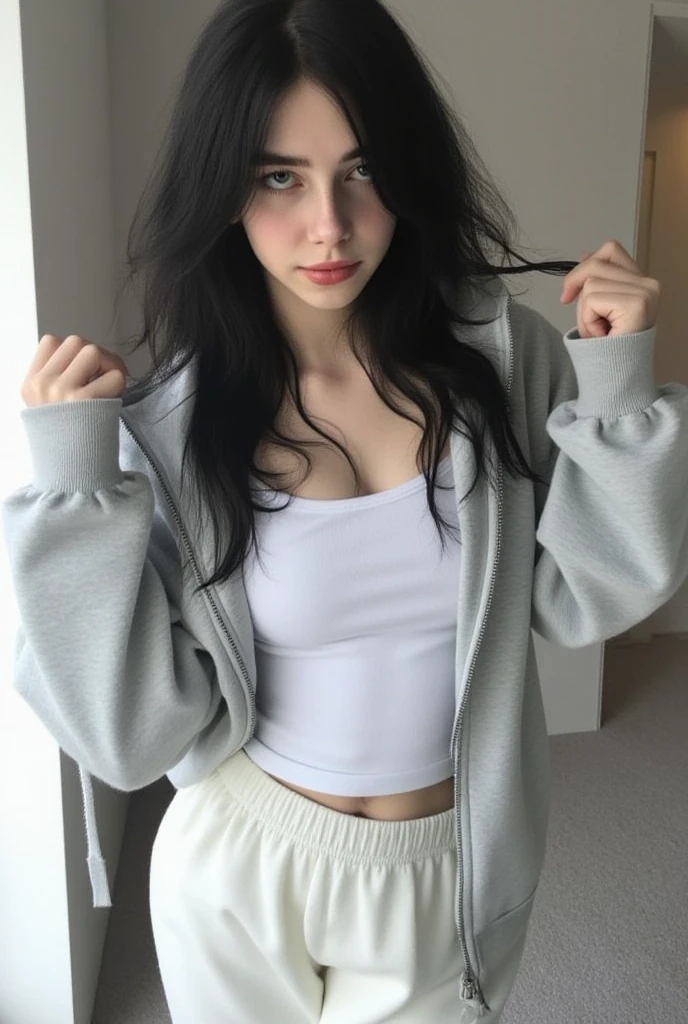 <lora:Zinnia:.7>, seductive expression, expressive , seductive, sexy, aroused, upper body, at front, portrait, simple background, dark background,  <lora:GoodHands-vanilla:0.8> better_oppai, large breasts, , long hair, Dark Purple smokey eyeliner, earrings, necklace, Cortana Blue  stain lipstick , Steel Gray (sweatshirt)