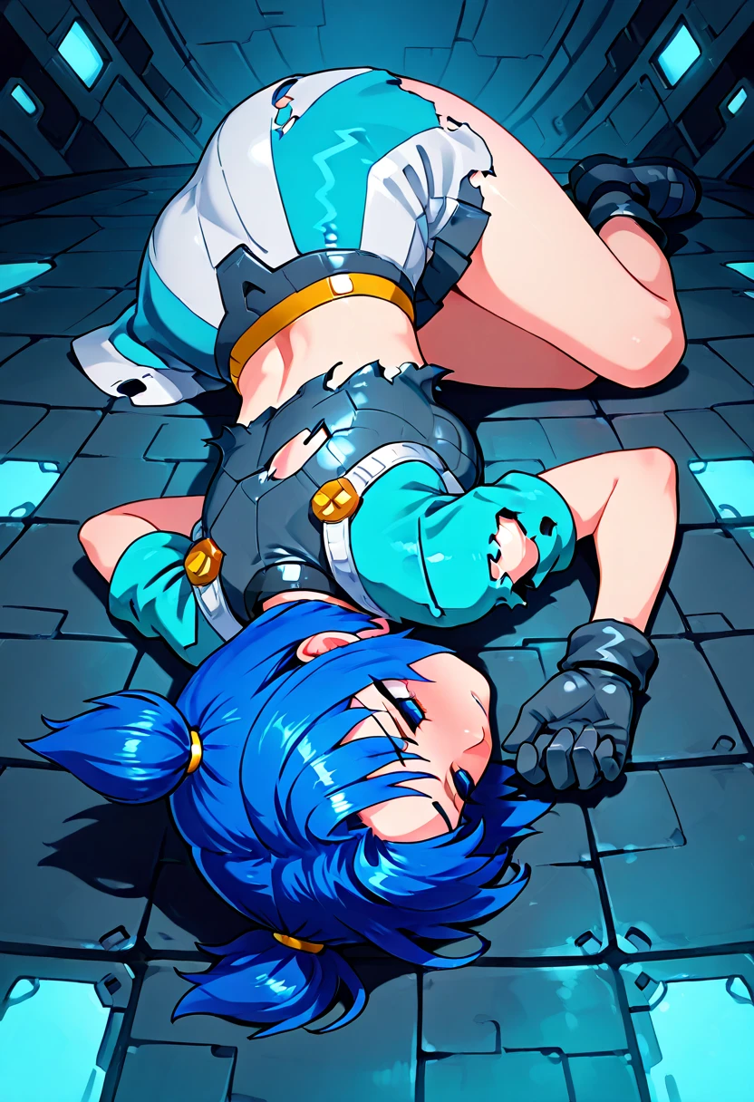 Beautiful plump two-dimensional girl，Be defeated by monsters，Broken armor，Lying on the ground in tears，